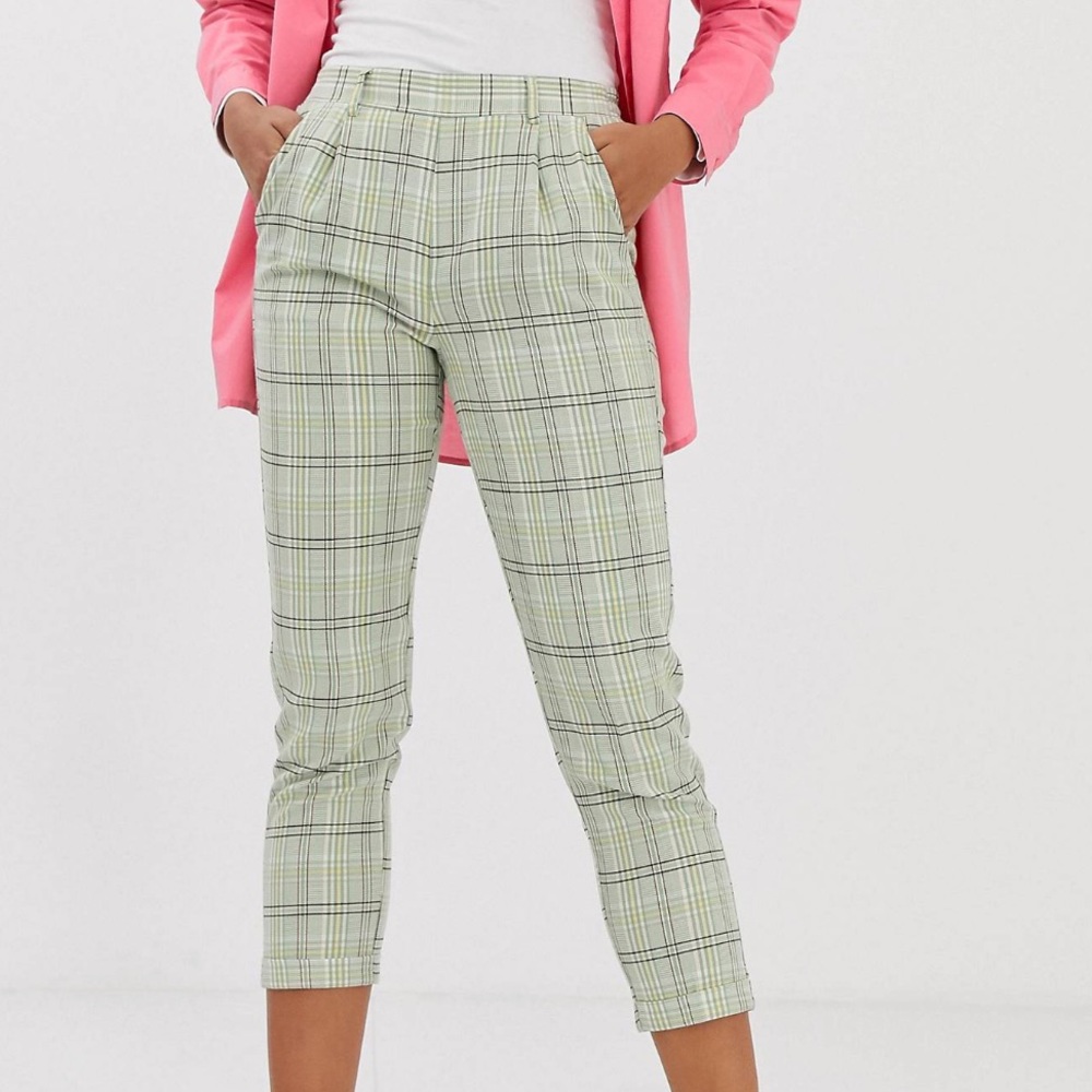Stradivarius • Check Peg Leg Pants in Mint